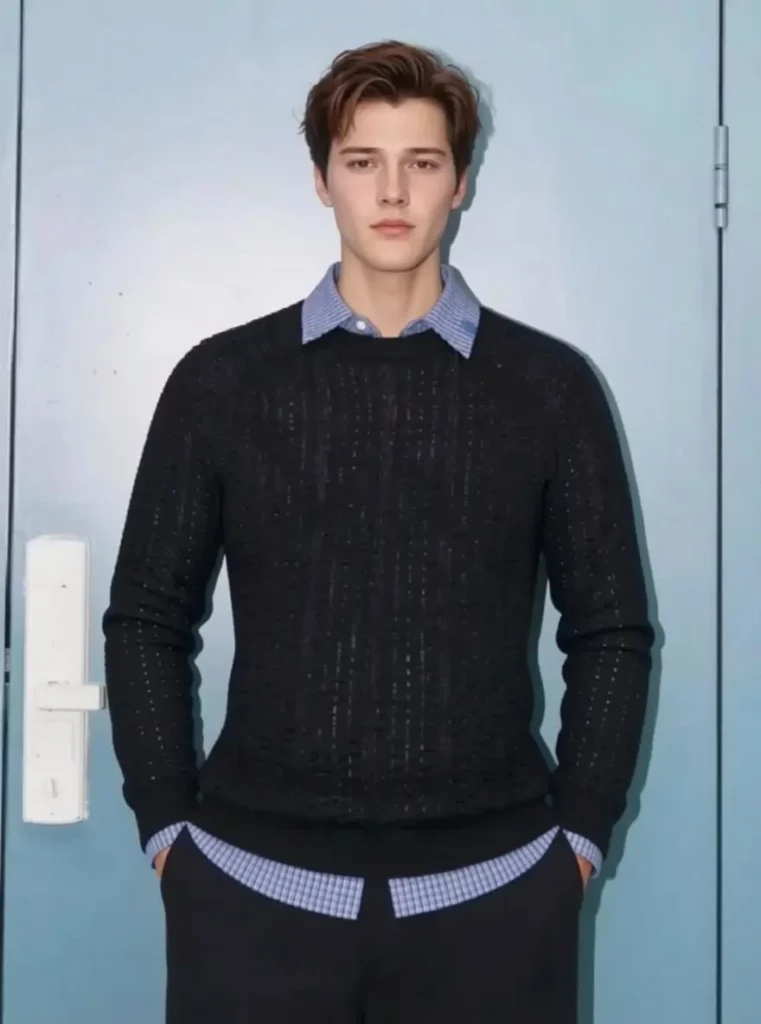 After portrait of a man in a black sweater with slimmer AI Skinny Filter body proportions.