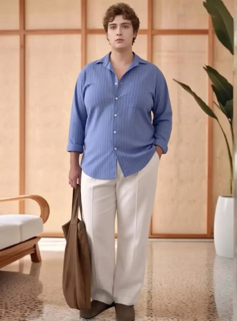 Before full-body outfit photo of a man before AI Skinny Filter body reshaping.