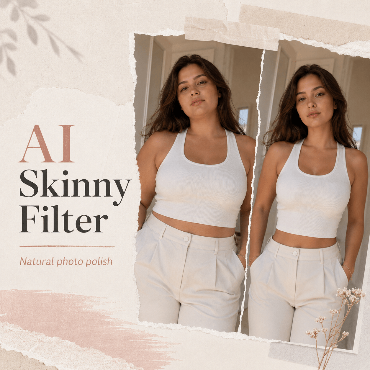 AI Skinny Filter hero image showing a natural before-and-after photo polish collage.