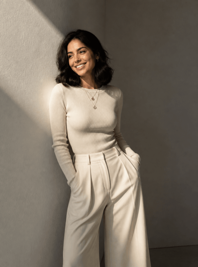 AI virtual try-on result showing a cream knit top and wide-leg trousers in a soft old money inspired style.