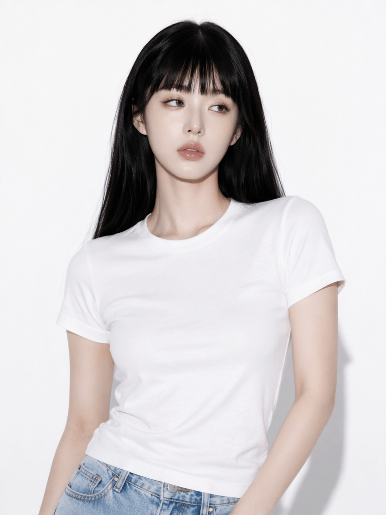 AI-generated character image in a white T-shirt used as the original base for testing Y2K and streetwear outfits.