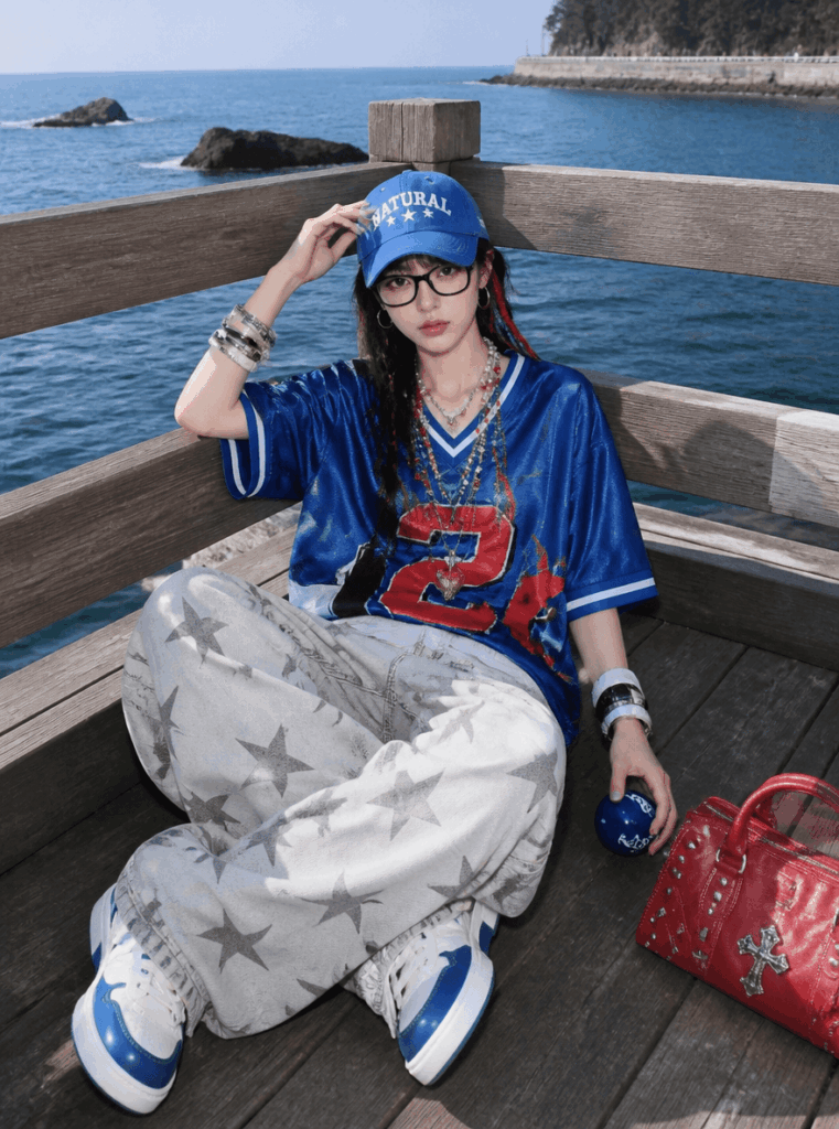 AI virtual try-on result showing a sporty streetwear outfit with an oversized blue jersey, cap, wide pants, and sneakers.