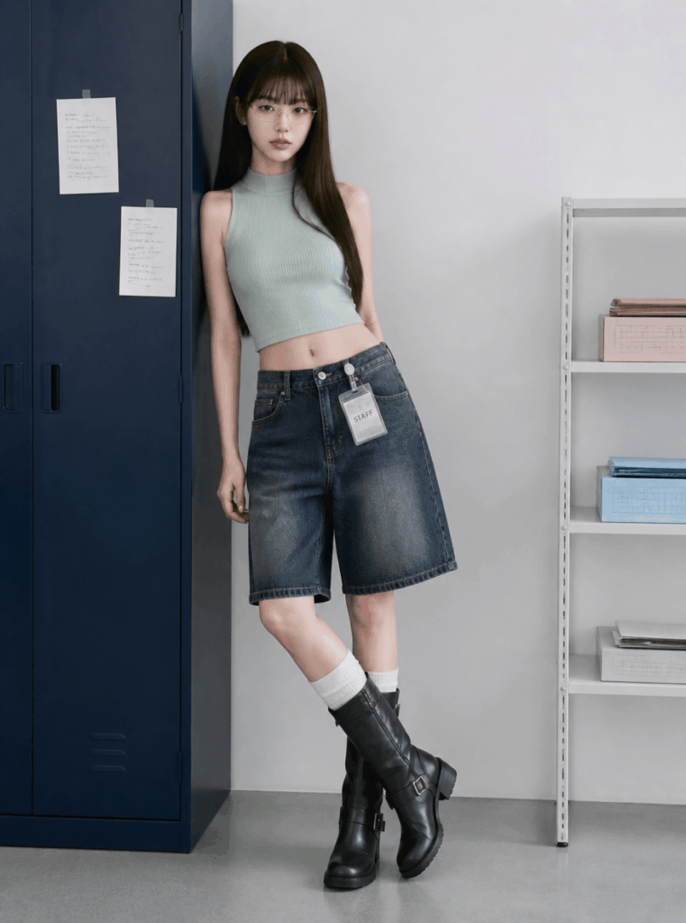 Original full-body fashion reference showing a casual streetwear outfit with a crop top, denim shorts, boots, and socks.