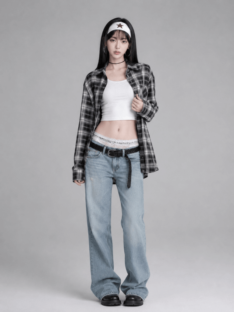AI virtual try-on result showing a grunge-inspired outfit with a plaid shirt, white crop top, loose jeans, and headband.