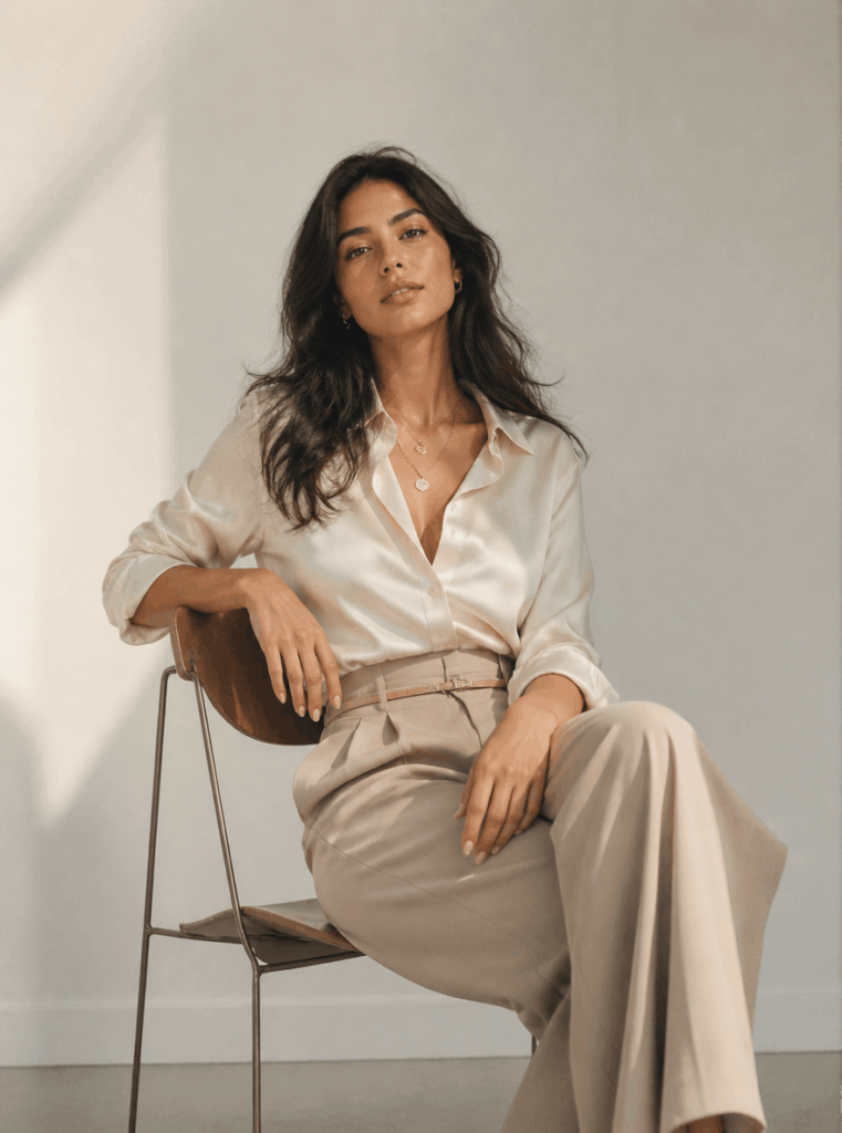 AI virtual try-on result showing the character in a cream blouse and beige trousers for a classic chic outfit.