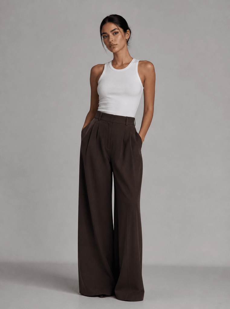 AI virtual try-on result showing the character in a white tank top and dark wide-leg trousers for a minimal elegant style.