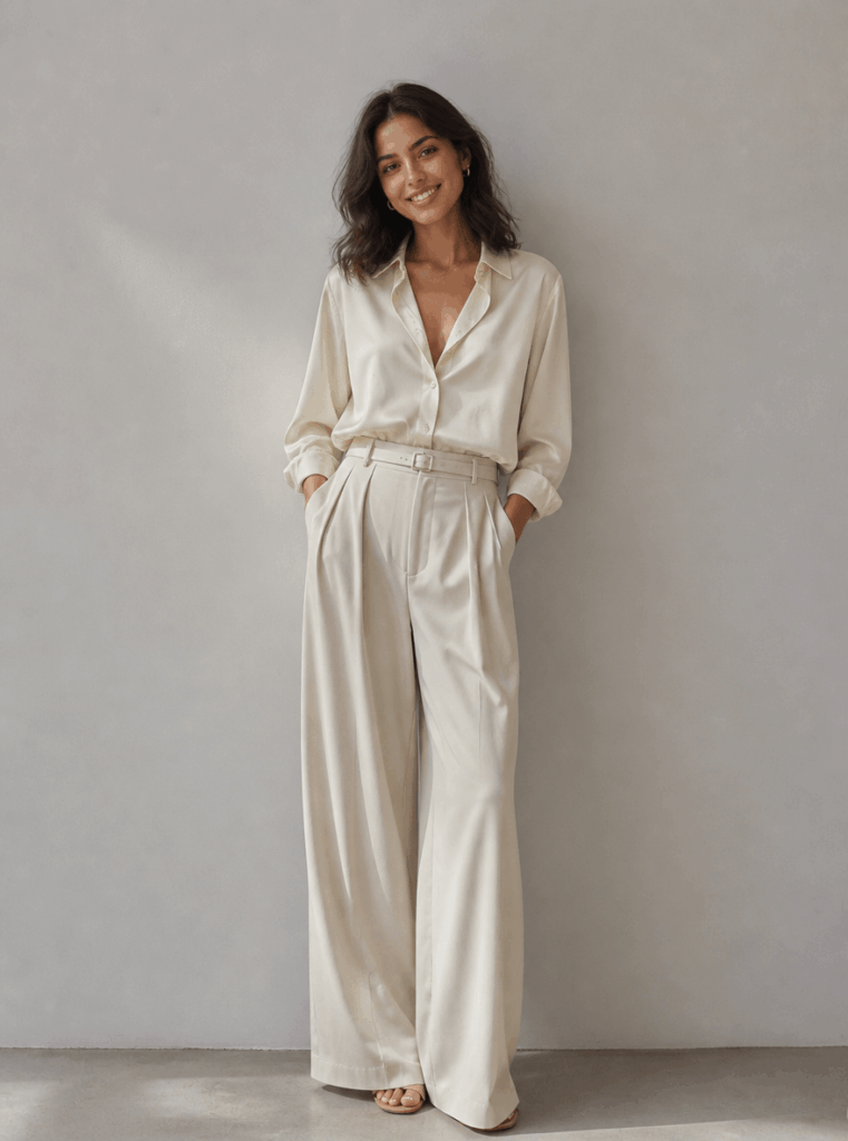 AI virtual try-on result showing the character in a relaxed cream shirt and wide-leg trousers for an effortless luxury style.
