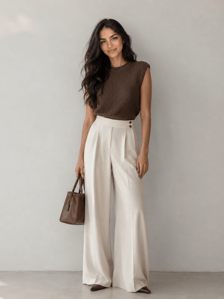 Original fashion reference showing a model in a brown sleeveless top and cream wide-leg trousers for AI outfit inspiration.