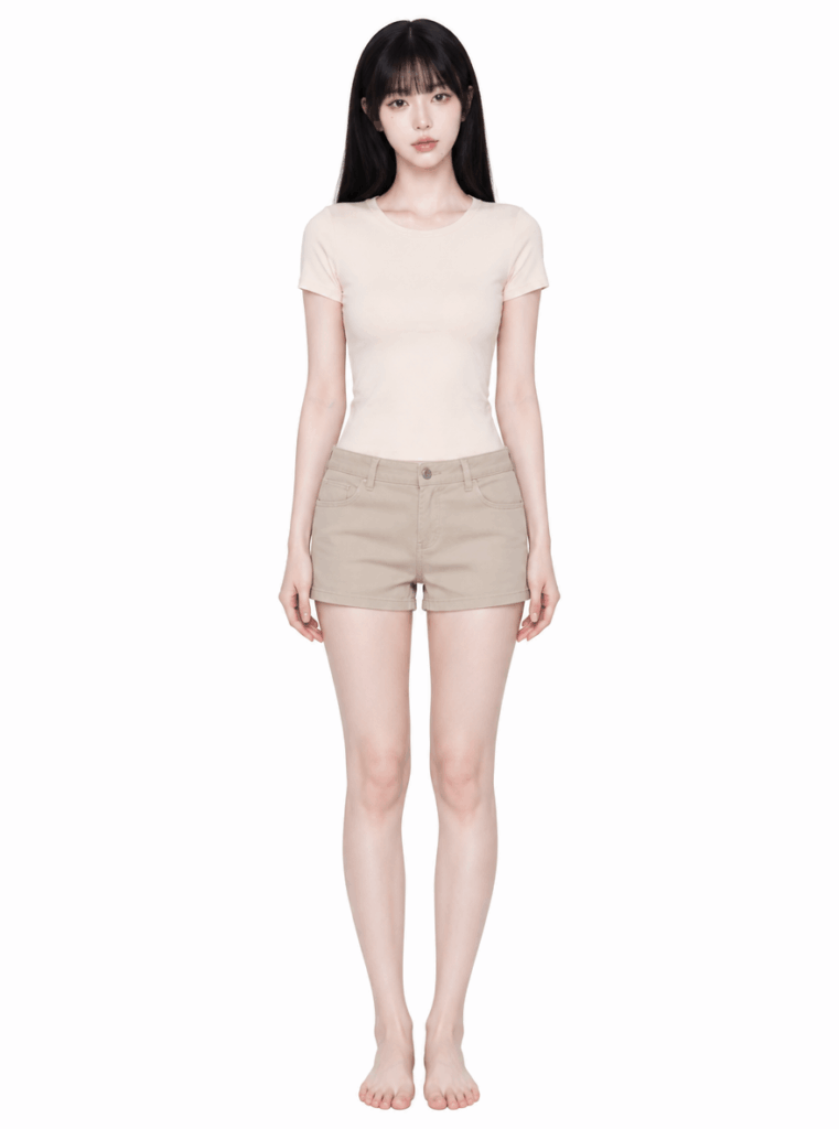 AI-generated full-body Korean-style character wearing a simple fitted top and shorts for virtual try-on.
