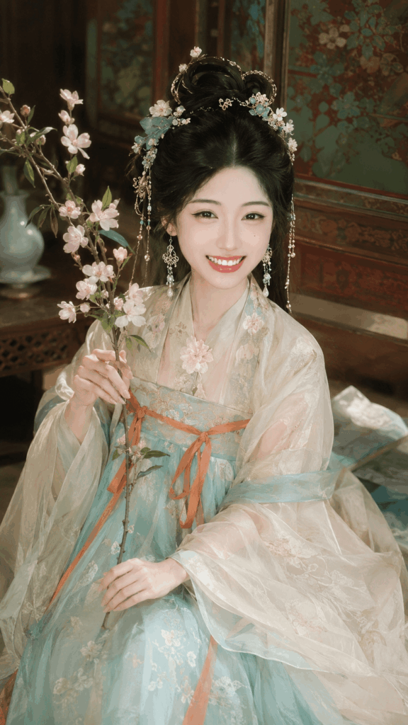 Traditional Chinese-style portrait of a young woman holding flowers before being transformed into a Y2K AI poster