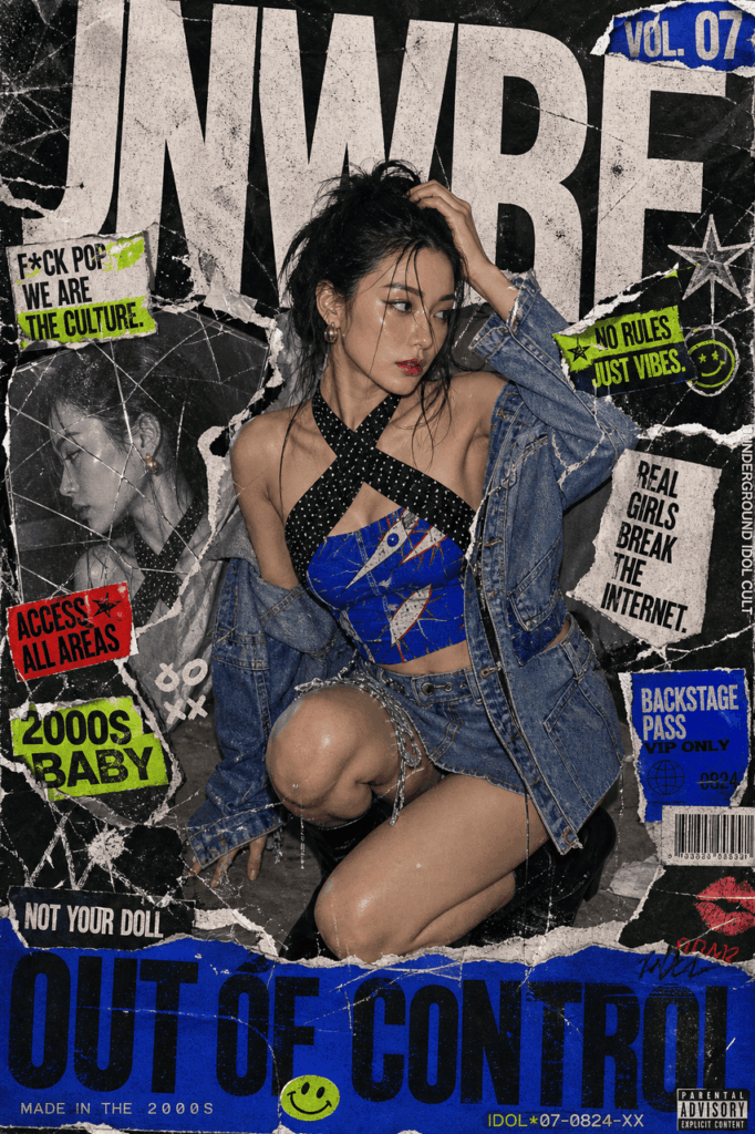 Y2K AI poster created from a fashion photo with grunge collage textures, bold blue typography, and punk magazine layout