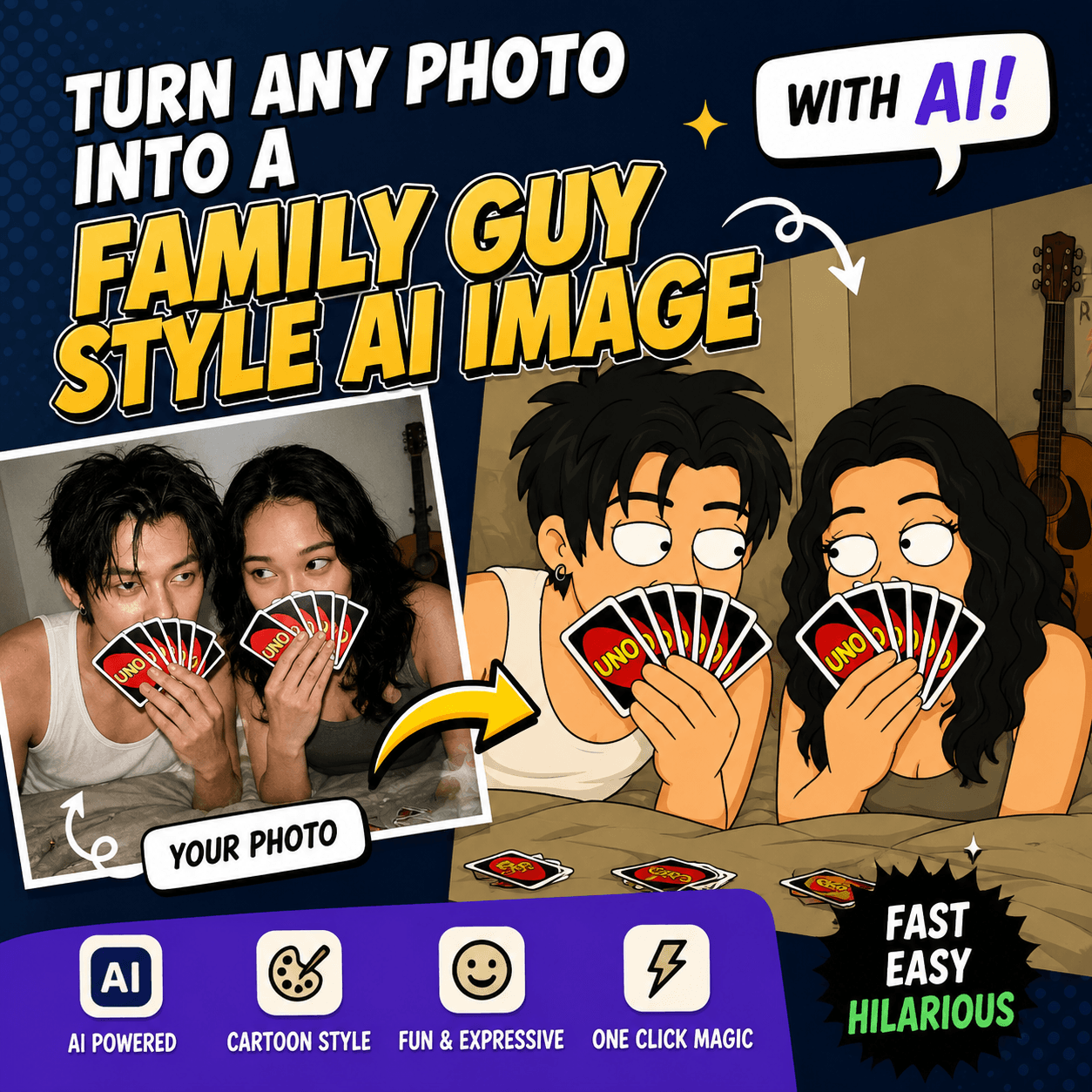A creative hero image showing a real photo transforming into a Family Guy-style AI image with bold cartoon visuals and AI editing icons.