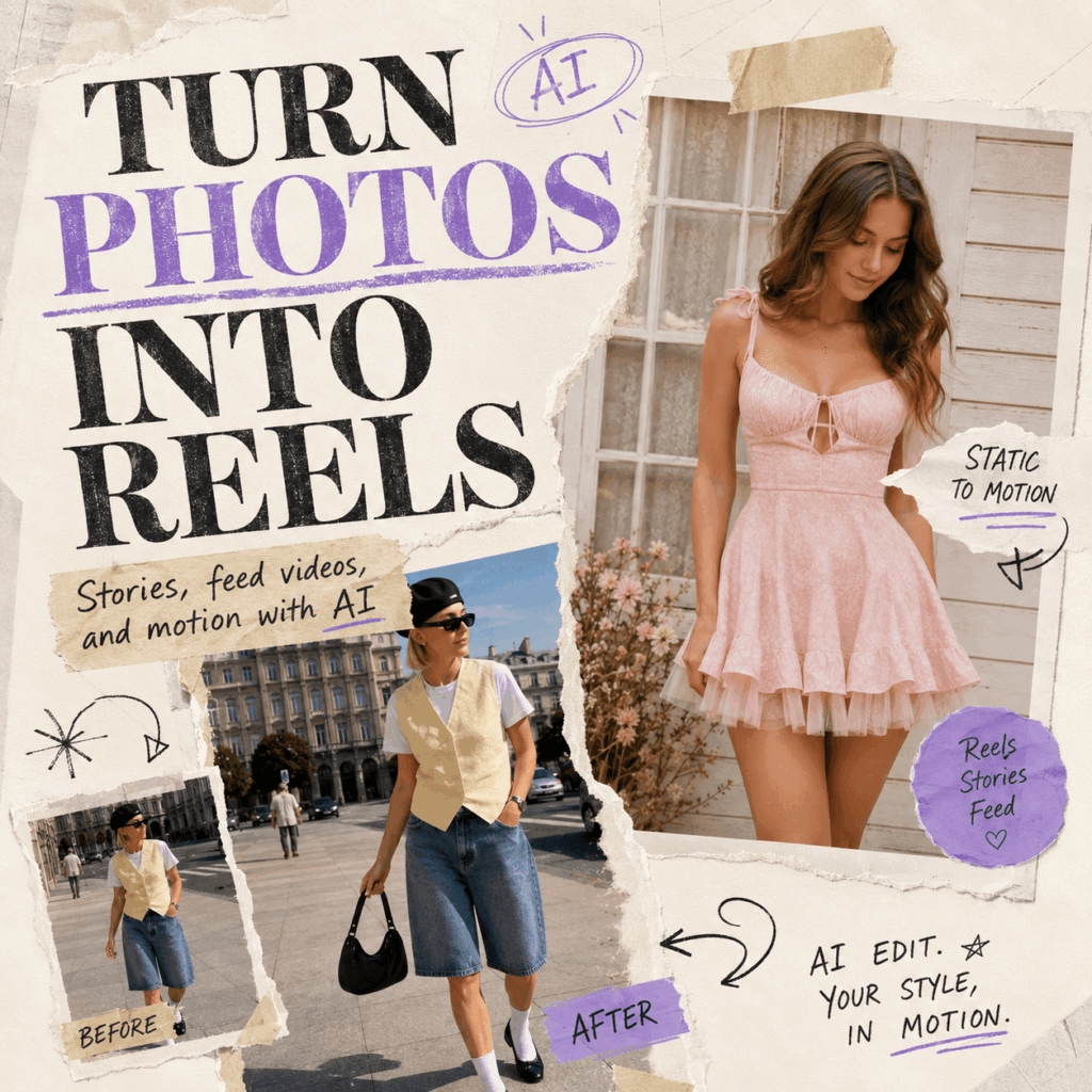 AI Instagram Video Editor collage showing fashion photos turning into Reels, Stories, and feed videos with bold editorial text.