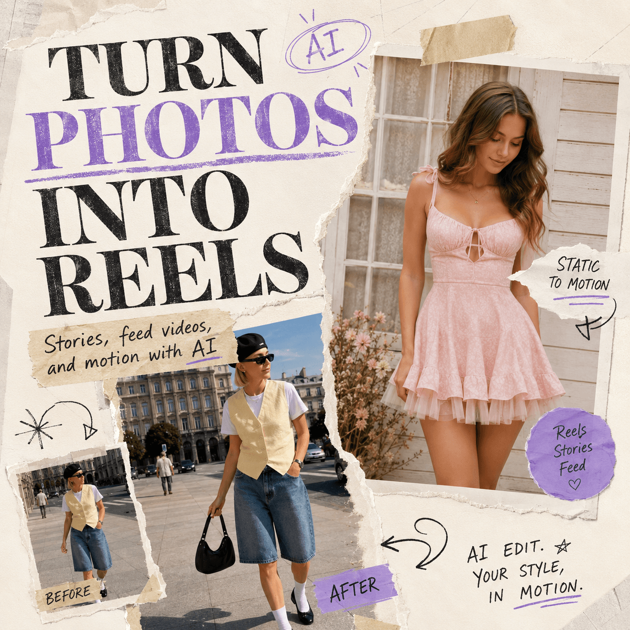 AI Instagram Video Editor collage showing fashion photos turning into Reels, Stories, and feed videos with bold editorial text.