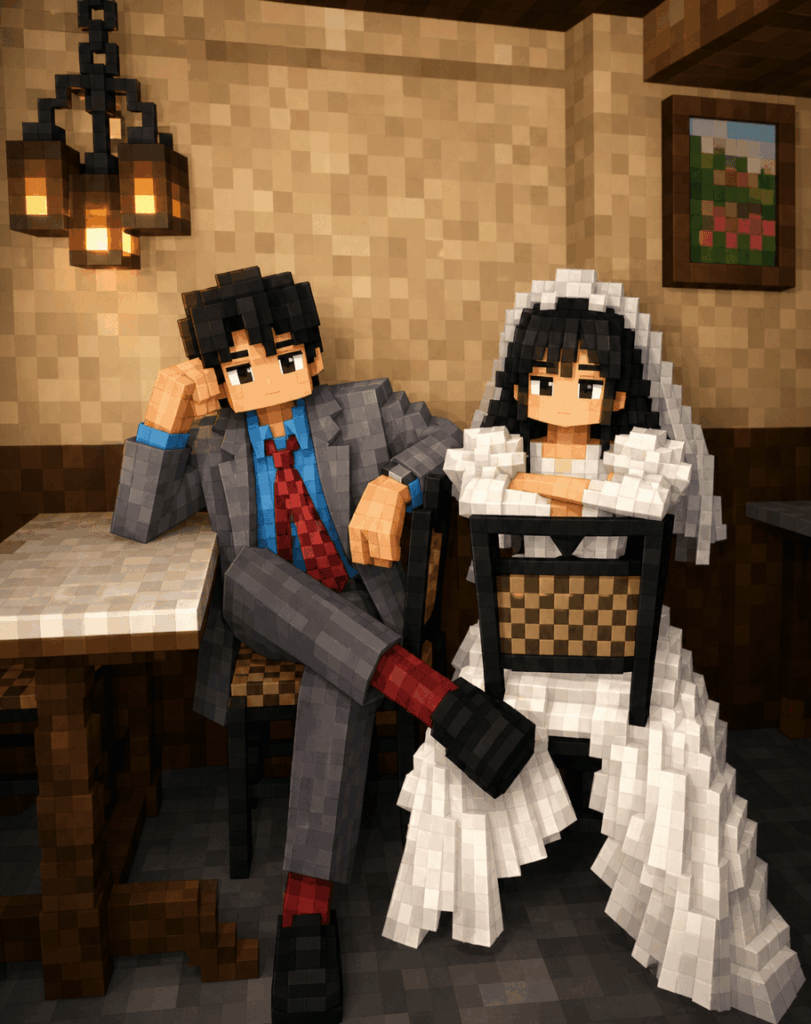 世界1 – WeShop AI Blog Minecraft style voxel version of a couple portrait generated with Weshop AI.