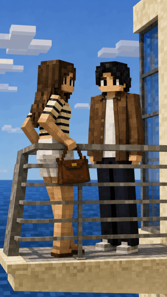 世界3 – WeShop AI Blog Seaside couple portrait transformed into detailed Minecraft style voxel art.
