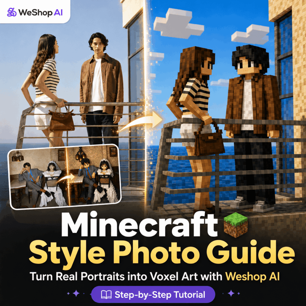 Minecraft Style Photo Guide with Weshop AI – WeShop AI Blog Blog cover showing real portraits transformed into Minecraft style voxel art with Weshop AI
