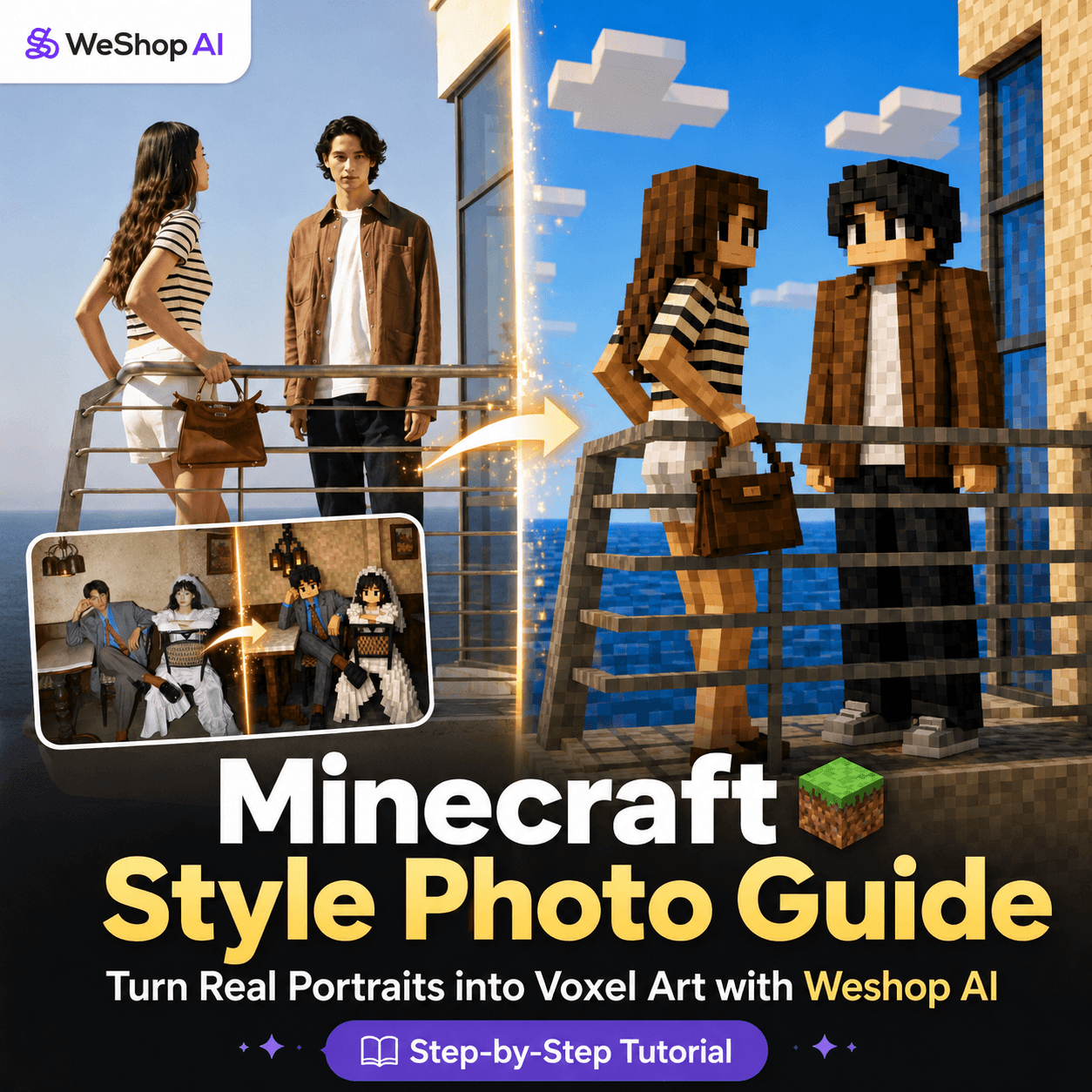 Blog cover showing real portraits transformed into Minecraft style voxel art with Weshop AI.