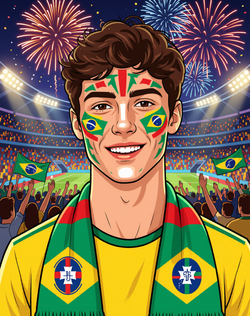 世界杯3 – WeShop AI Blog AI-generated World Cup fan avatar with face paint, scarf, fireworks, and a lively stadium crowd.
