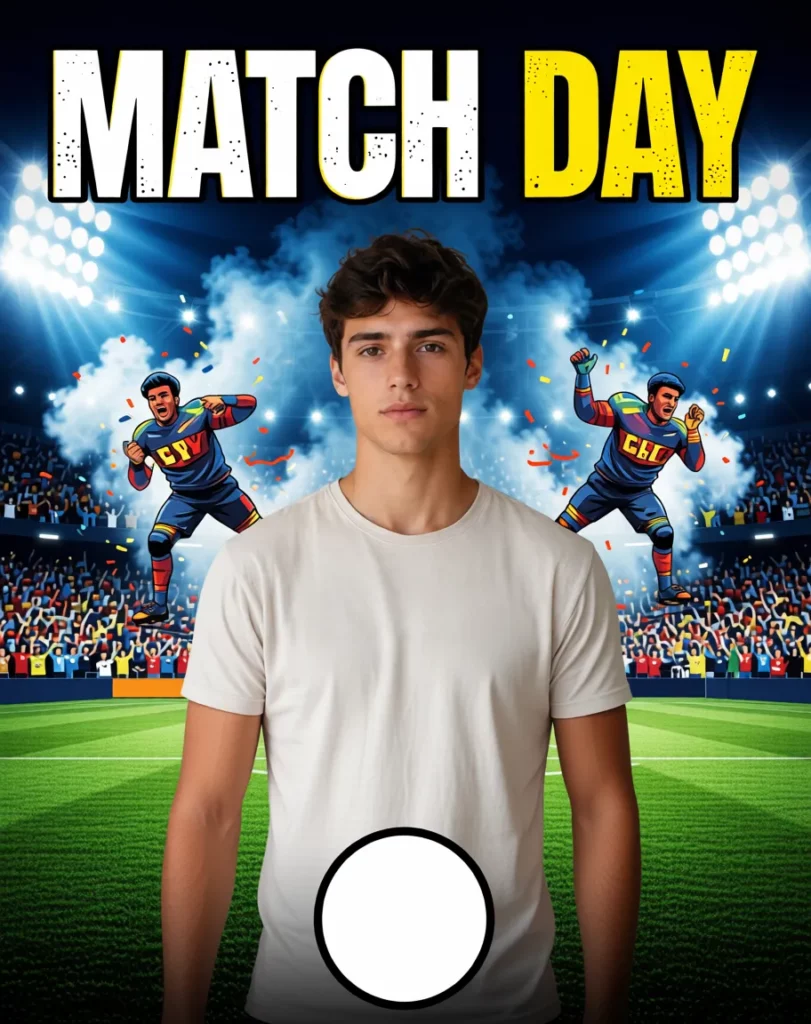世界杯3 – WeShop AI Blog AI-generated matchday cover with a single person standing in front of stadium lights, smoke, and football action scenes.