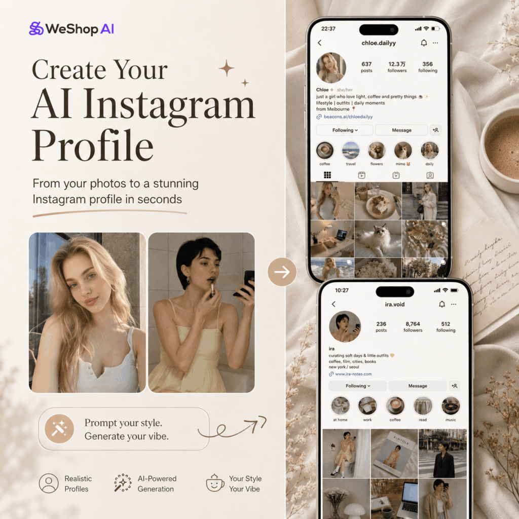 GPT Image Instagram profile generator showing AI turning personal photos into realistic Instagram profile mockups