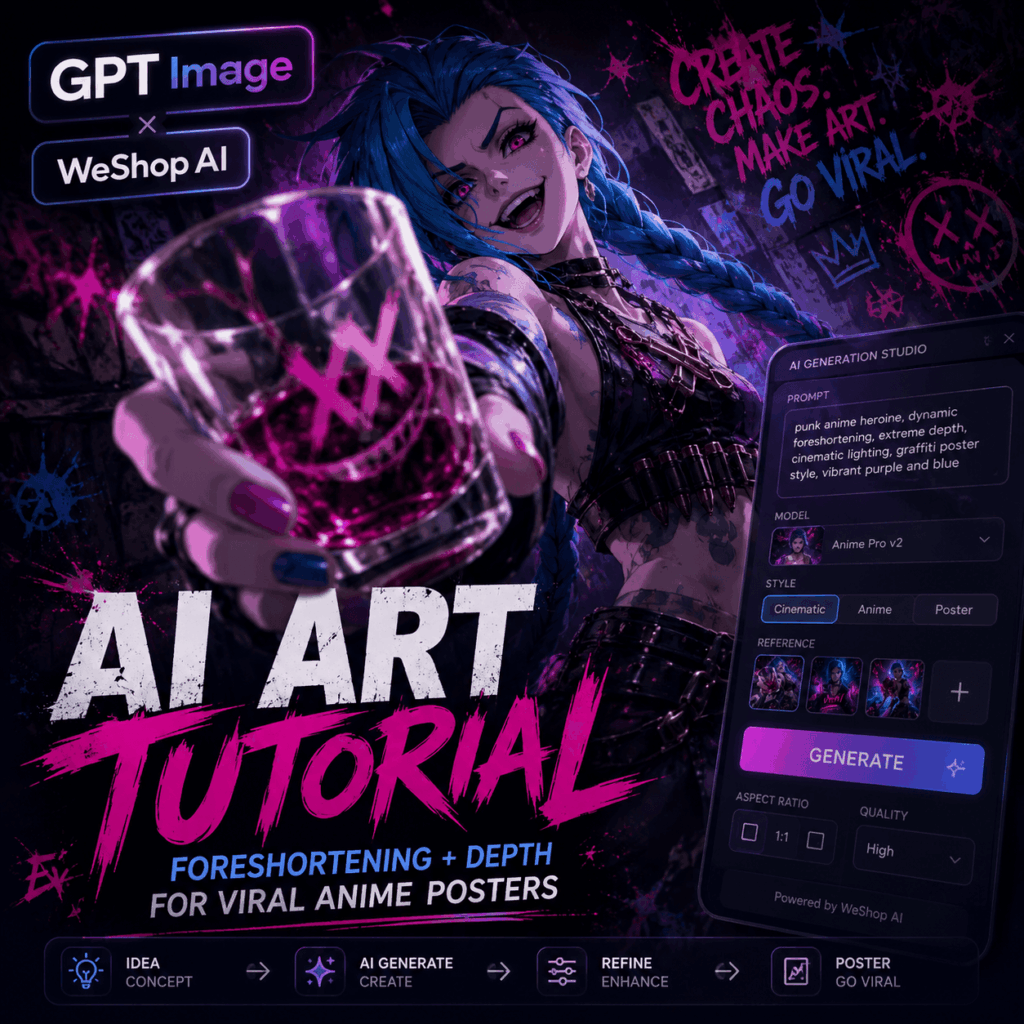 AI art tutorial hero image showing a Jinx-inspired anime character with dramatic foreshortening, GPT Image and WeShop AI labels, and a cinematic poster workflow interface.