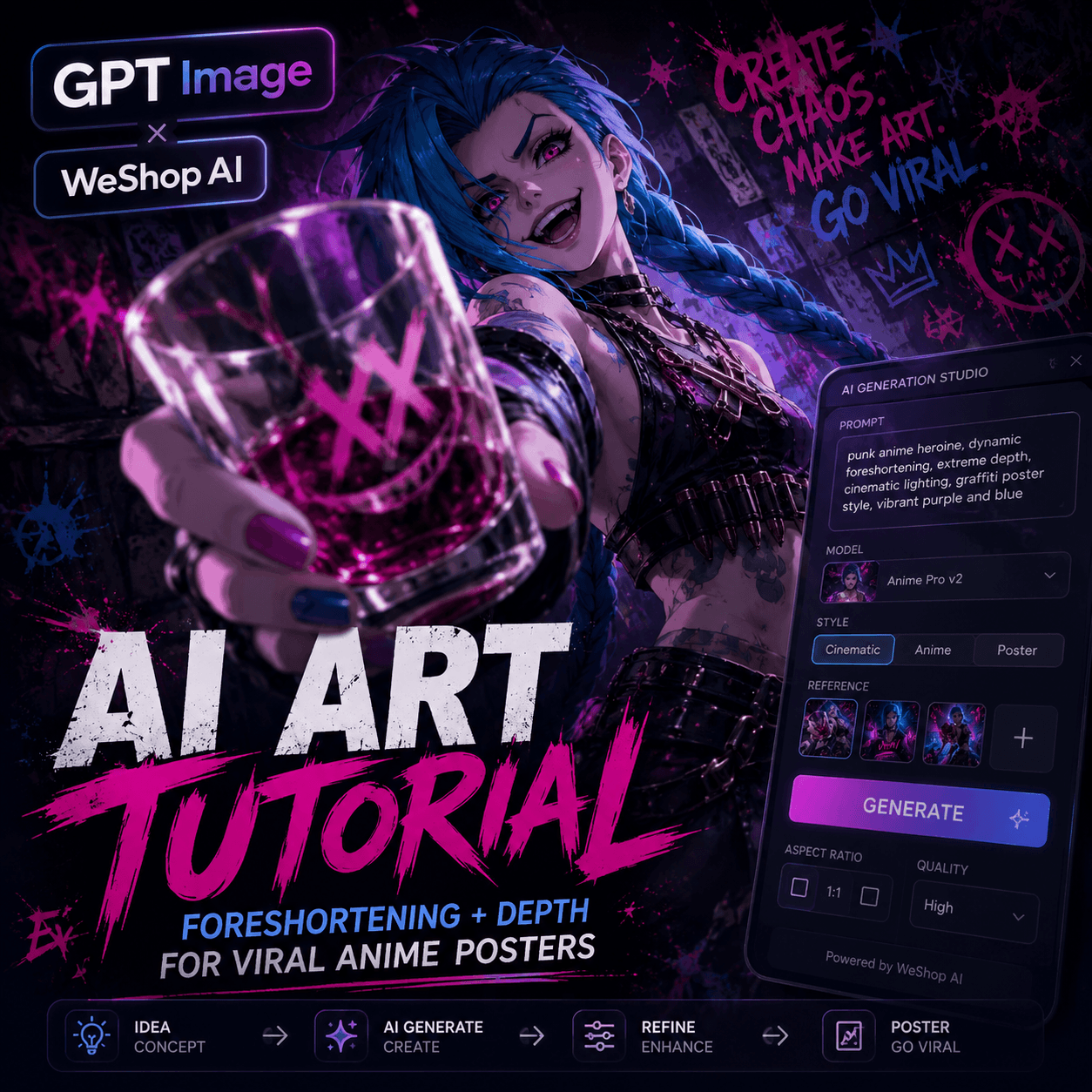 AI art tutorial hero image showing a Jinx-inspired anime character with dramatic foreshortening, GPT Image and WeShop AI labels, and a cinematic poster workflow interface.