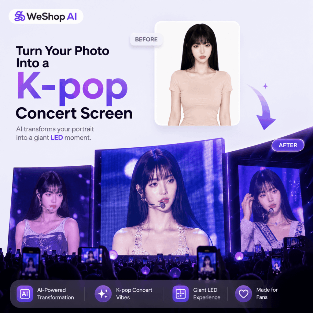 K-pop concert screen AI transformation showing a portrait turned into a giant LED fan-cam moment