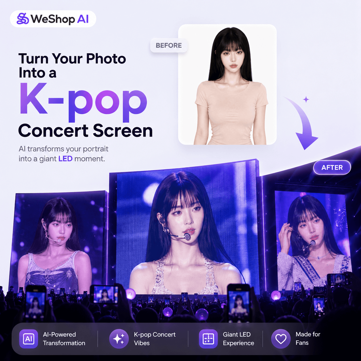 K-pop concert screen AI transformation showing a portrait turned into a giant LED fan-cam moment