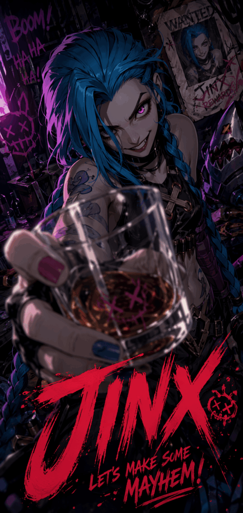 Jinx-inspired anime poster with blue hair, graffiti background, enlarged glass cup, and strong cinematic perspective.