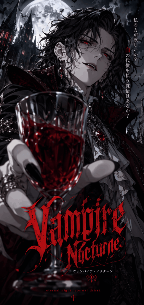 Dark vampire anime poster with a red wine glass in the foreground, gothic lighting, and shallow depth of field.
