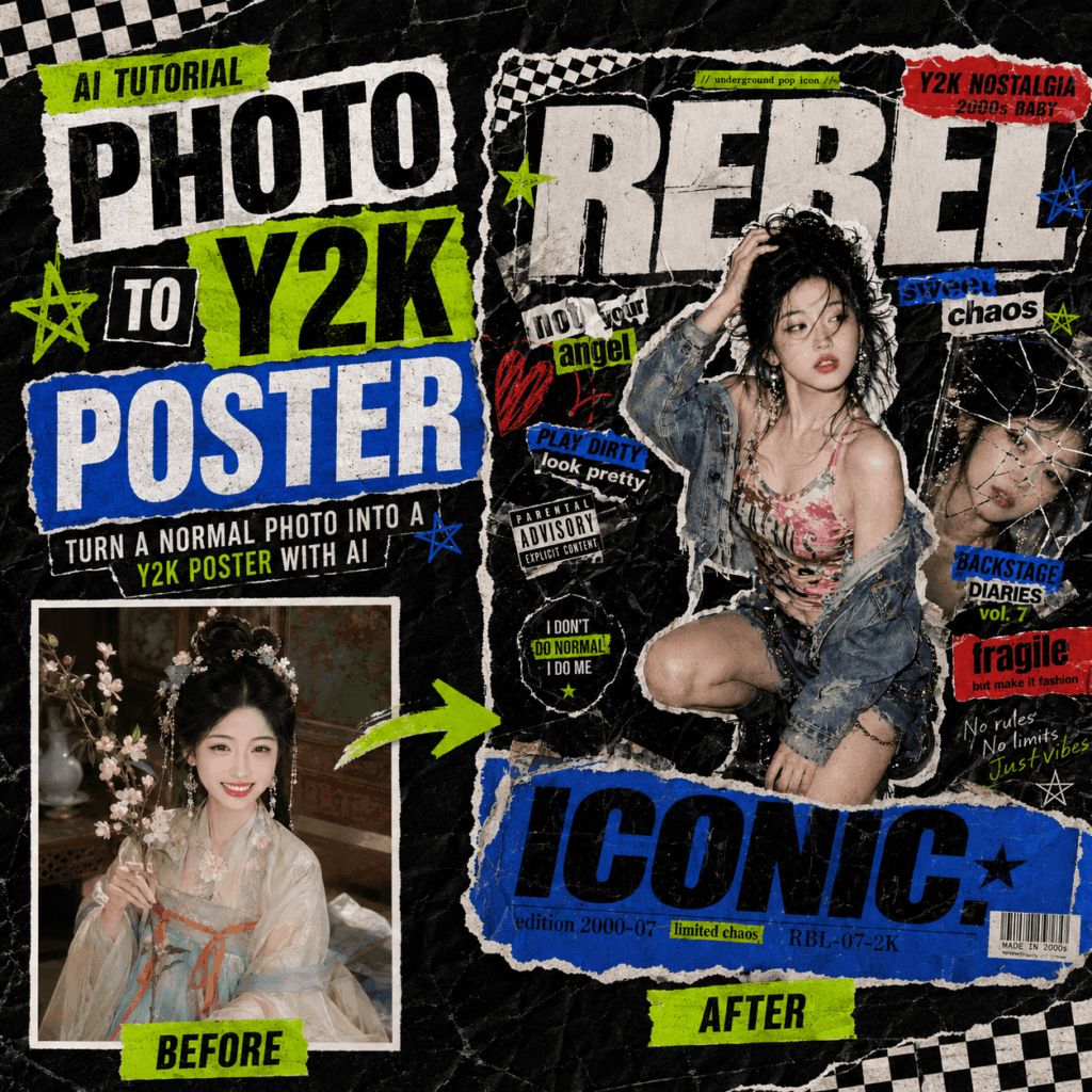 Y2K AI poster transformation showing a before photo and after result with ripped paper collage, bold typography, neon accents, and 2000s magazine style