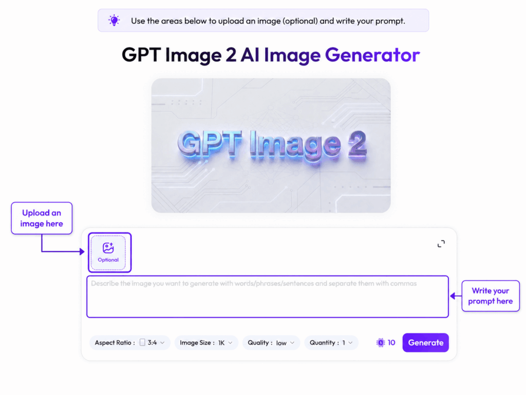 GPT Image 2 AI image generator interface showing where to upload an image and write a prompt