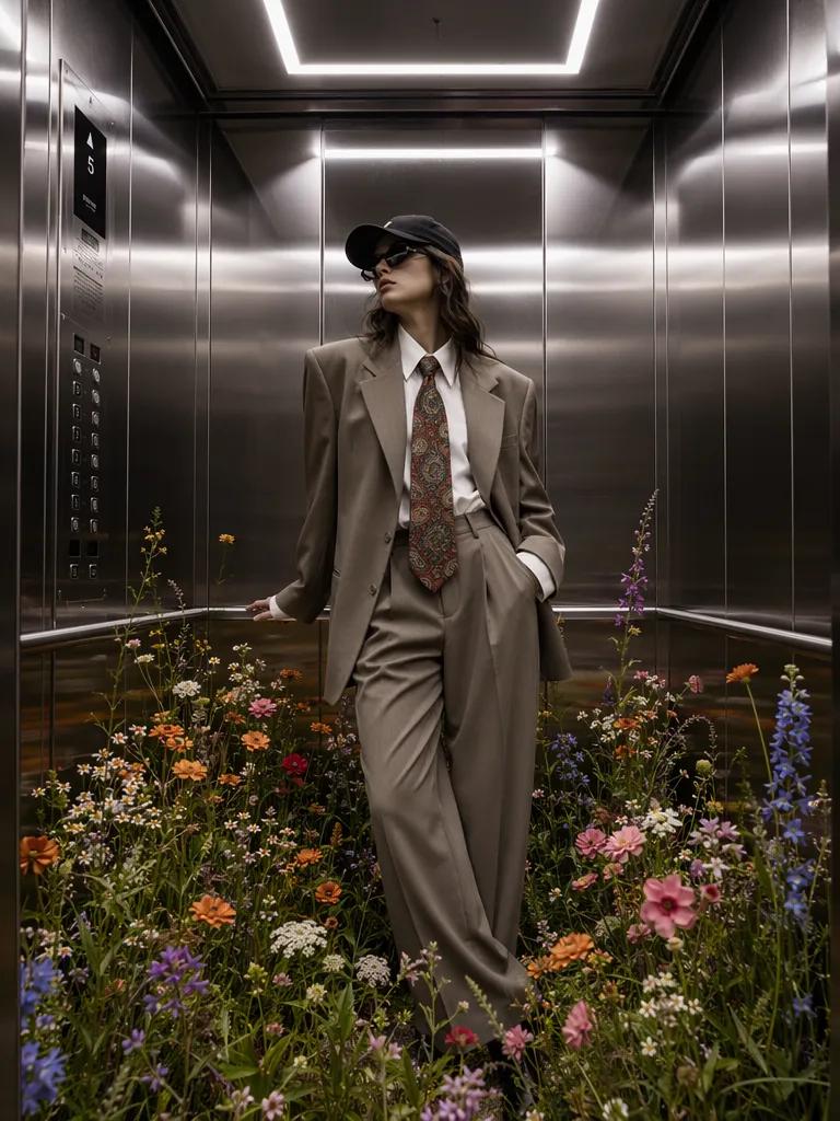 从前 – WeShop AI Blog Fashion model in an oversized suit standing in a flower-filled elevator as the source photo for an AI dance video