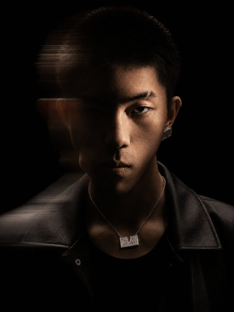 AI portrait transformation example showing how lighting, shadow, and motion blur create a more cinematic and dramatic final image.
