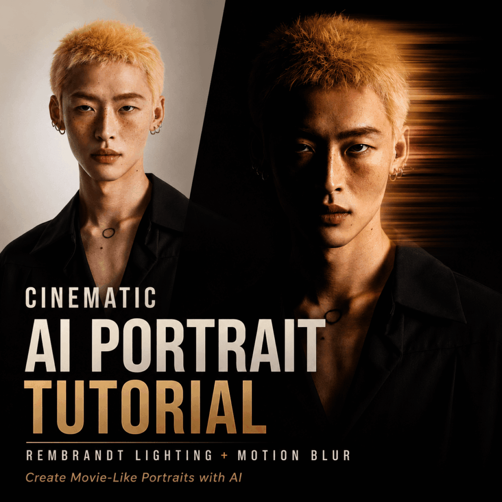 Cinematic AI portrait tutorial cover showing a before-and-after portrait with dramatic Rembrandt lighting, dark shadows, and horizontal motion blur.