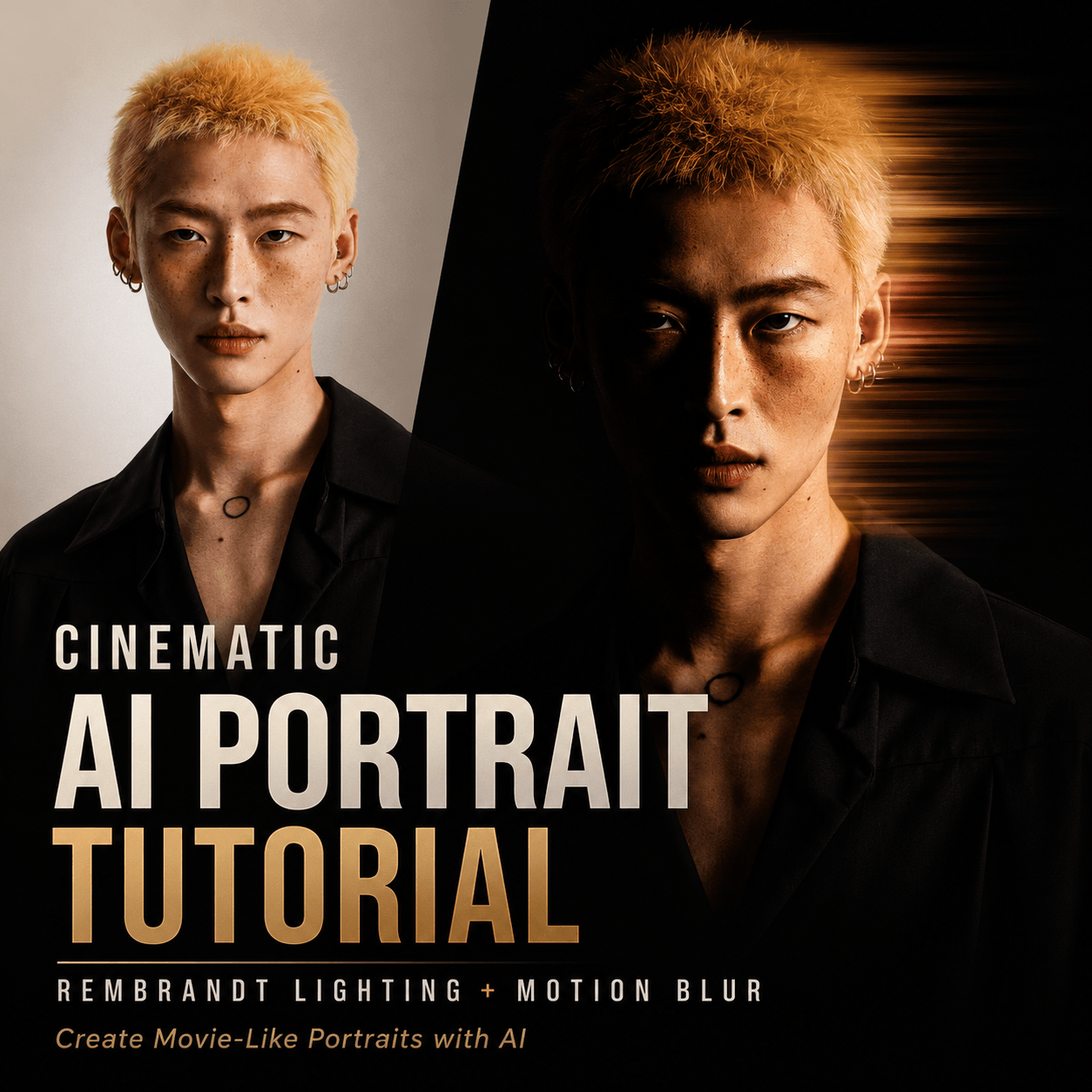 Cinematic AI portrait tutorial cover showing a before-and-after portrait with dramatic Rembrandt lighting, dark shadows, and horizontal motion blur.