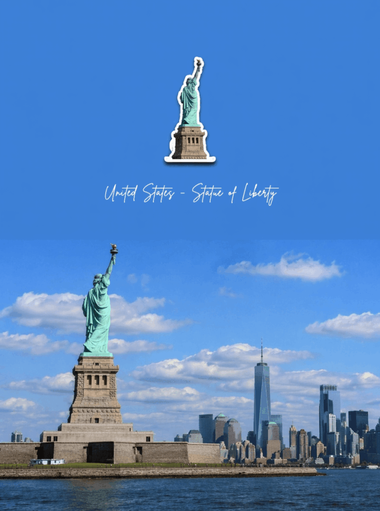 Fridge magnet style Statue of Liberty travel poster with English handwritten text