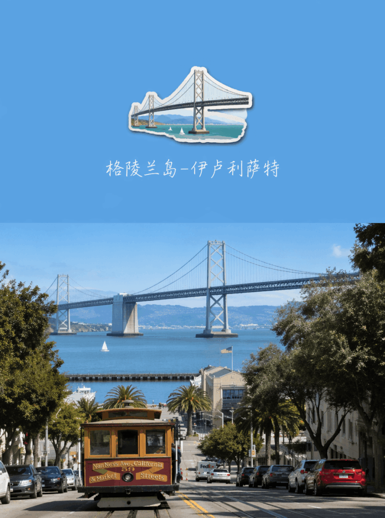 AI travel poster showing the Bay Bridge as a fridge magnet icon above the original San Francisco photo