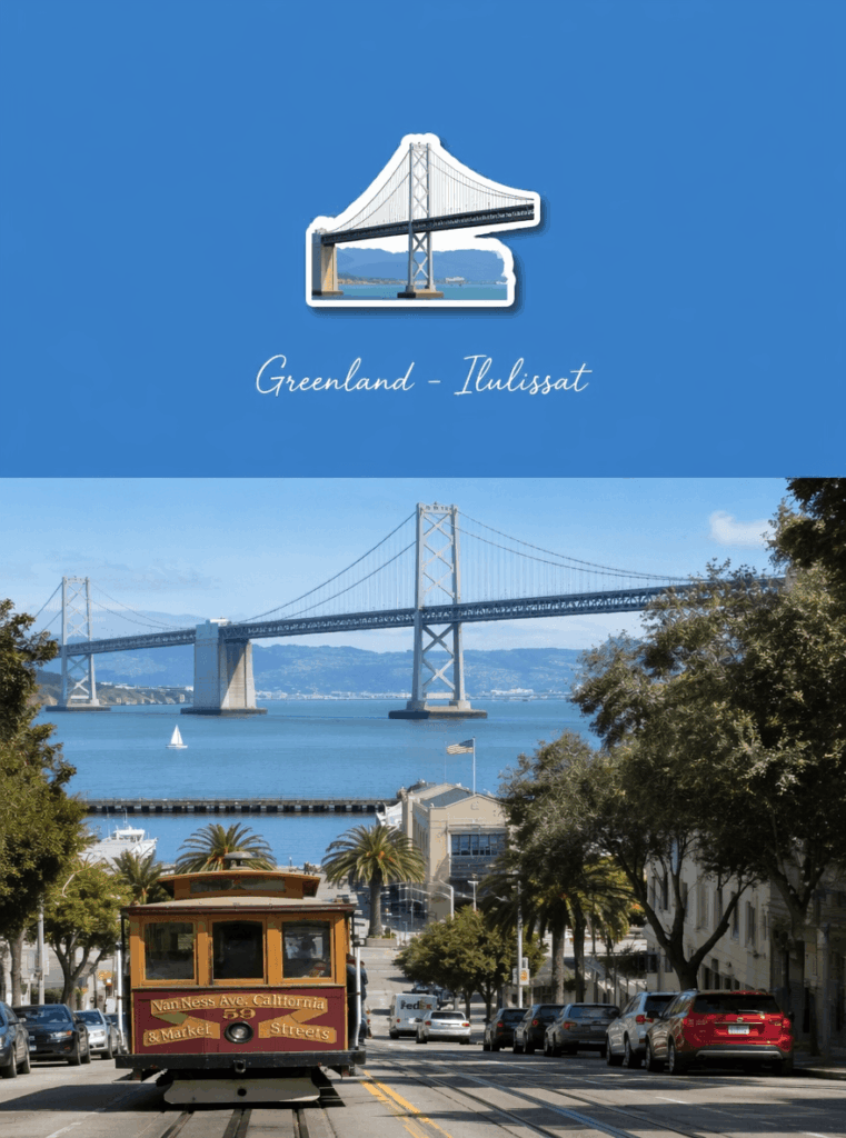 Fridge magnet style San Francisco travel poster with Bay Bridge icon and English text