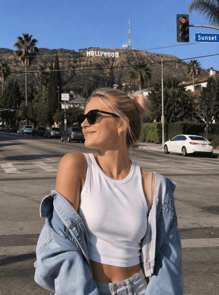 Original Hollywood travel photo featuring a woman with the Hollywood sign in the background