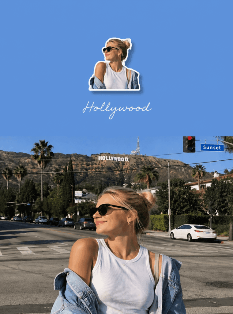 AI Hollywood travel poster with a woman turned into a fridge magnet style icon
