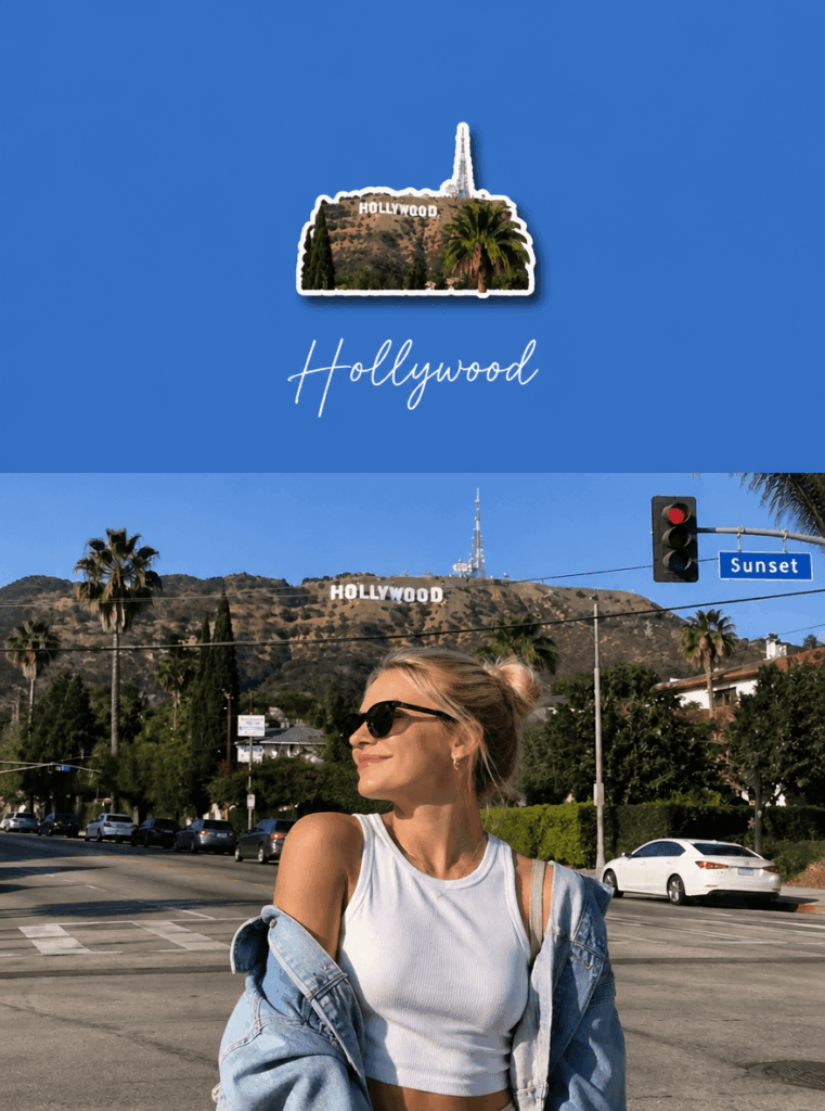 AI Hollywood travel poster with the Hollywood sign turned into a fridge magnet style icon