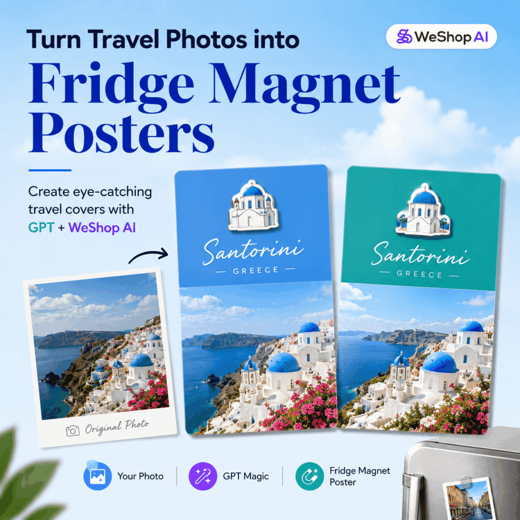 AI travel photo poster showing original travel photos transformed into fridge magnet style posters with GPT and WeShop AI