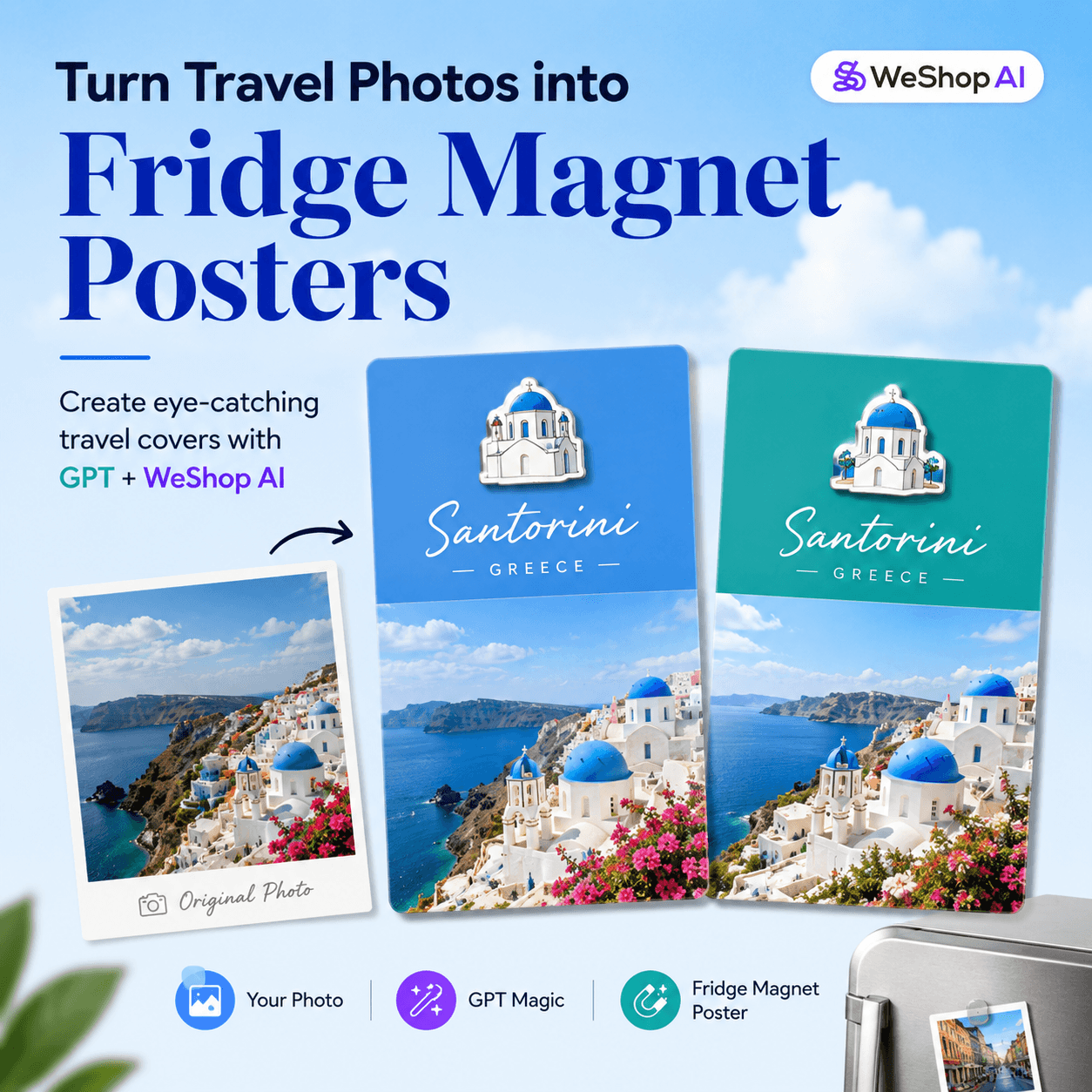 AI travel photo poster showing original travel photos transformed into fridge magnet style posters with GPT and WeShop AI