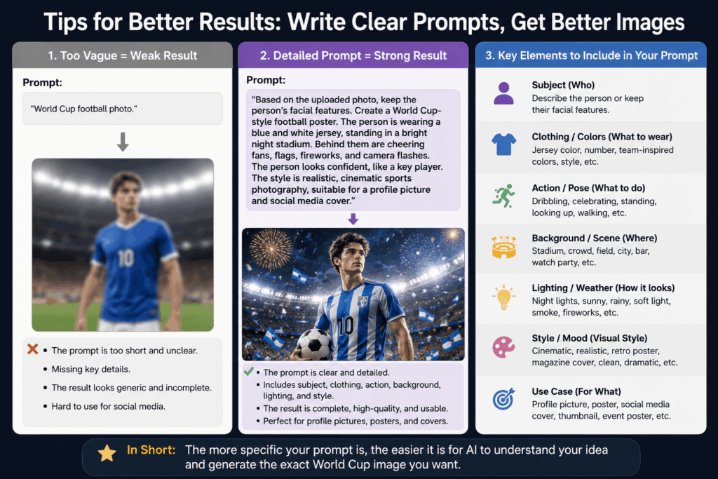 区别 – WeShop AI Blog Infographic comparing a vague World Cup football photo prompt with a detailed prompt and showing key elements for better AI image results.