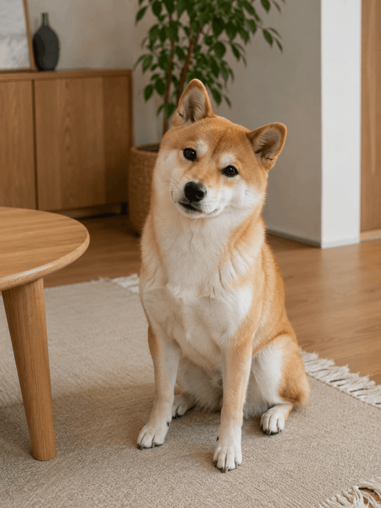 原狗 – WeShop AI Blog A Shiba Inu sitting naturally in a cozy indoor room, used as a realistic reference image for AI pet image generation.