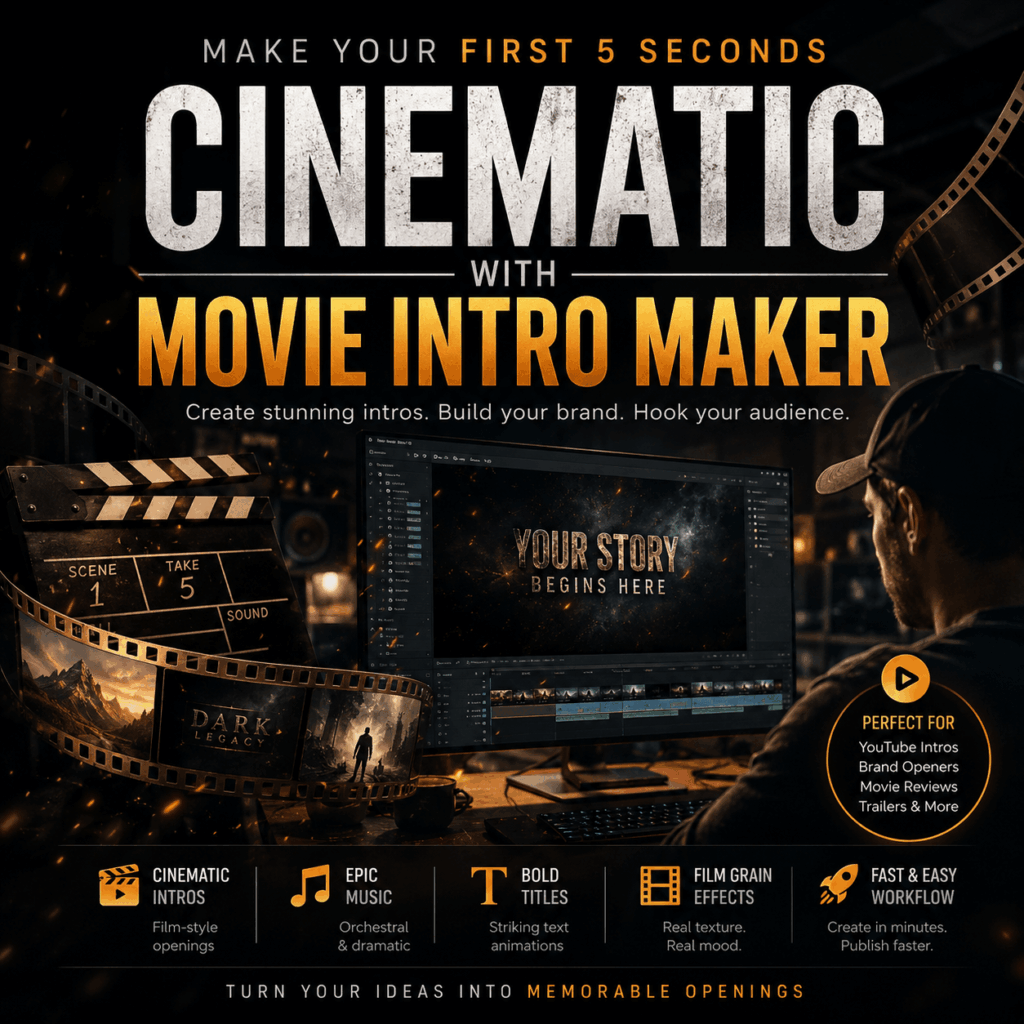 Movie Intro Maker for Cinematic Video Openers – WeShop AI Blog Movie Intro Maker creating cinematic video openers with bold titles, film grain effects, orchestral mood, and a movie editing workspace