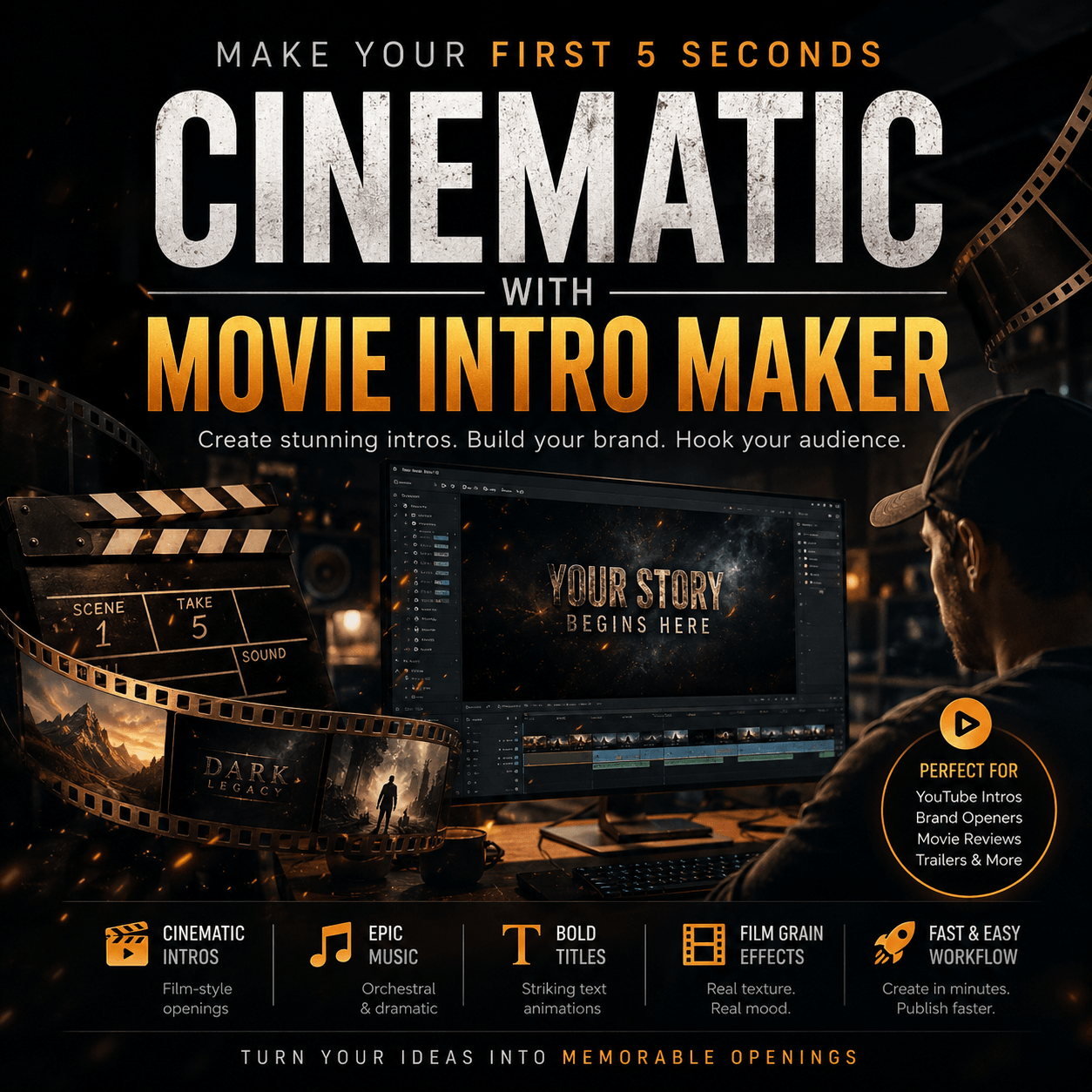 Movie Intro Maker creating cinematic video openers with bold titles, film grain effects, orchestral mood, and a movie editing workspace