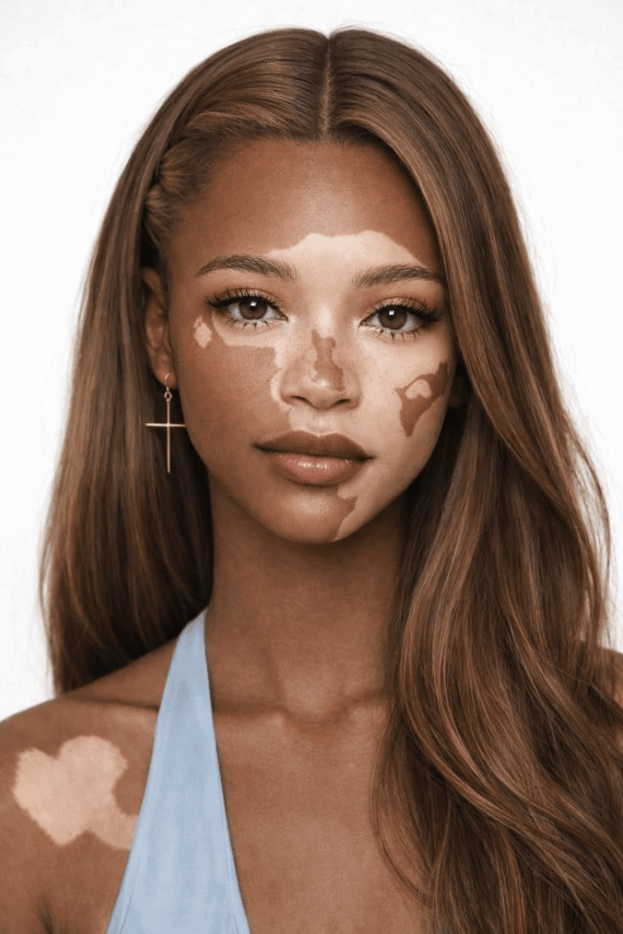 Model reference portrait for AI commercial photography with a clean studio background
